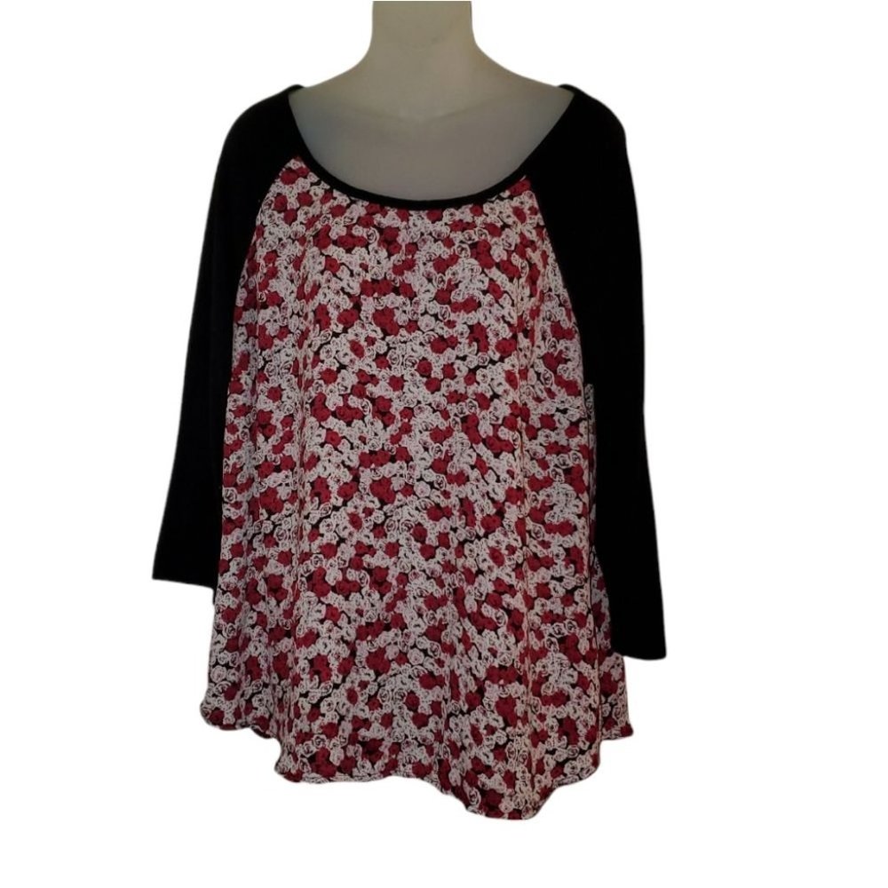 Torrid Black Semi-Sheer Top With Chartreuse Pink & White Roses Sz 1